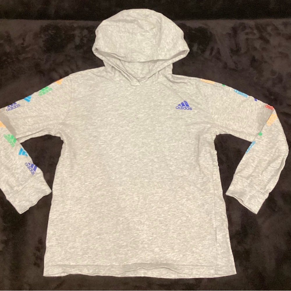 Adidas Kids Gray Hoodie with Vibrant Sleeve Details